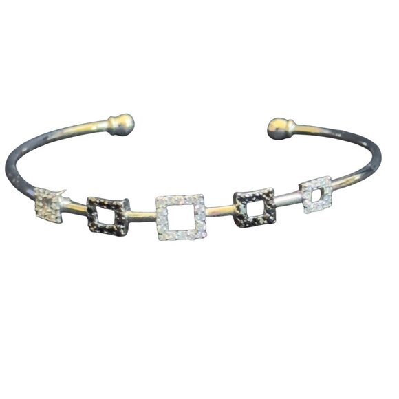 Vernier Silver-Tone Open Cuff Bracelet With Black & White Square Accents - Picture 1 of 8